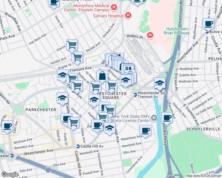 map of restaurants, bars, coffee shops, grocery stores, and more near in The Bronx