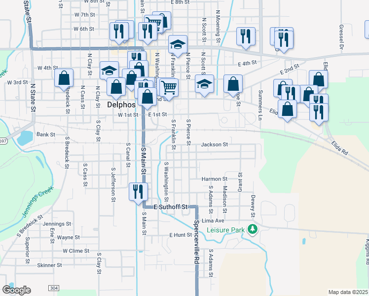 map of restaurants, bars, coffee shops, grocery stores, and more near 303 S Pierce St in Delphos