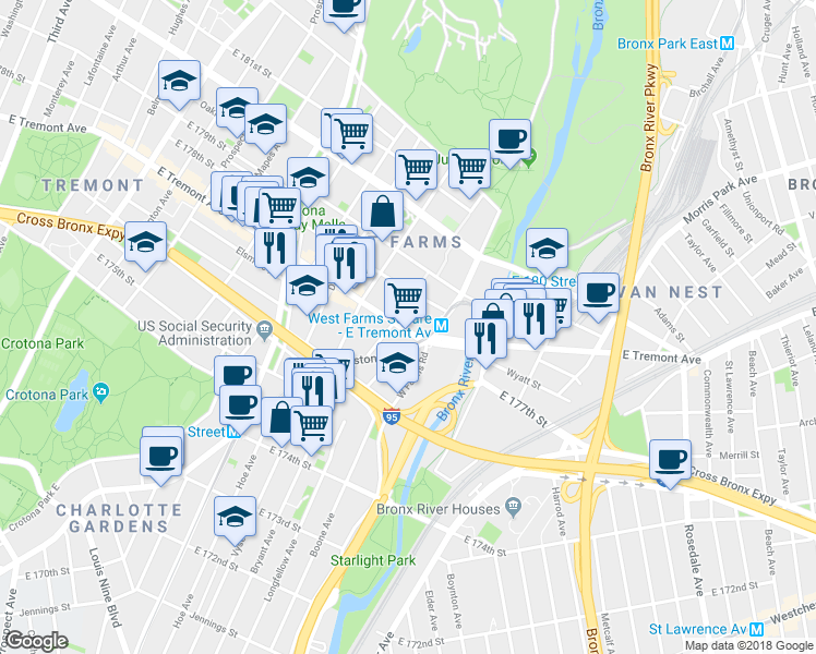 map of restaurants, bars, coffee shops, grocery stores, and more near 1001 East Tremont Avenue in The Bronx