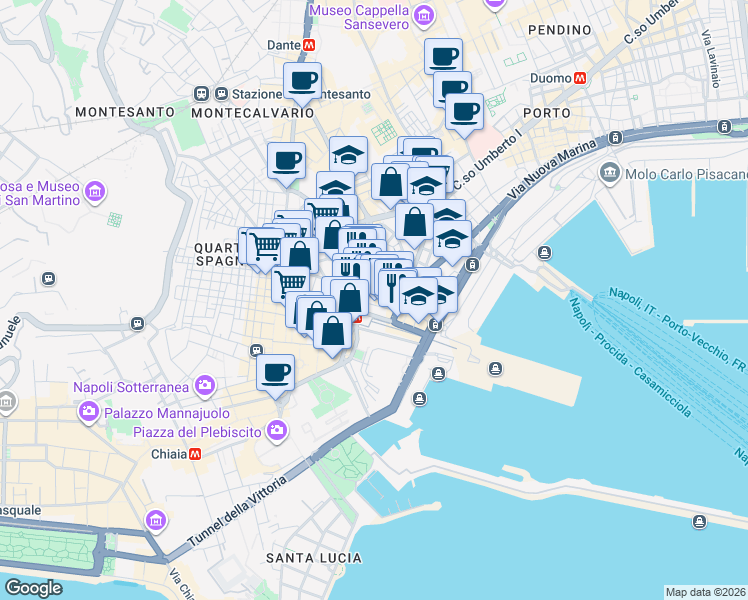 map of restaurants, bars, coffee shops, grocery stores, and more near 13 Calata San Marco in Napoli