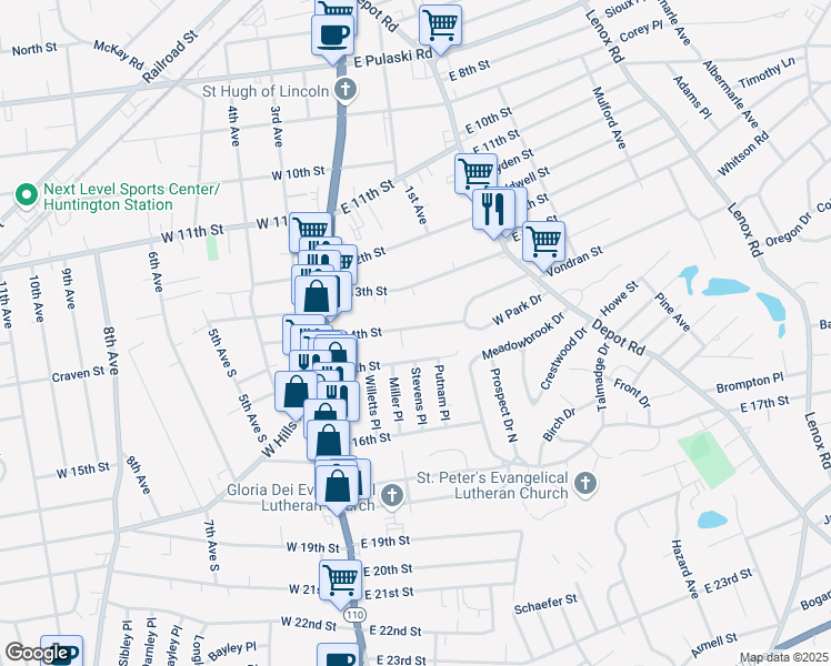 map of restaurants, bars, coffee shops, grocery stores, and more near 45 East 14th Street in Huntington Station