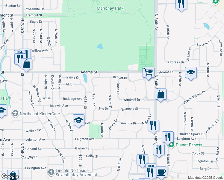 map of restaurants, bars, coffee shops, grocery stores, and more near 2744 North 81st Street in Lincoln