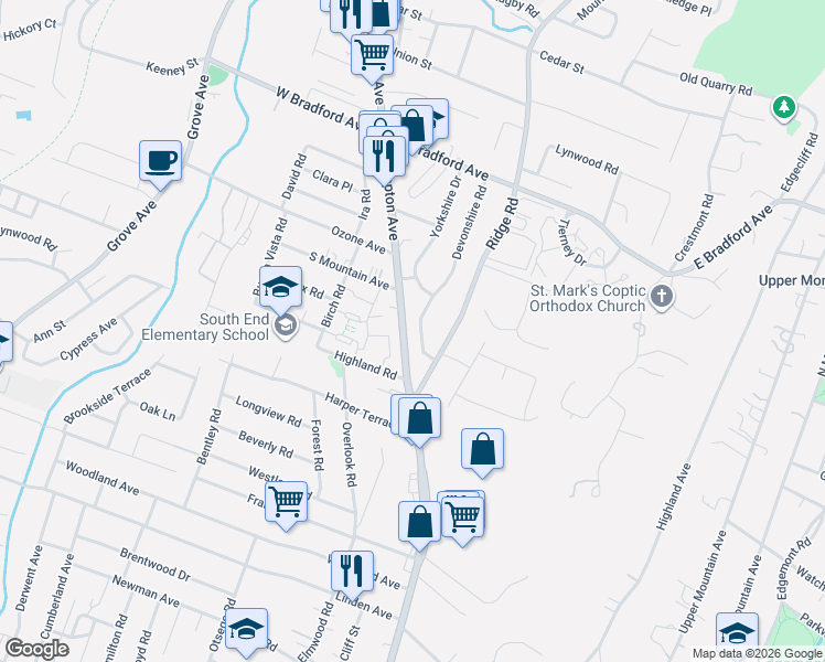 map of restaurants, bars, coffee shops, grocery stores, and more near 26 South Devonshire Road in Cedar Grove