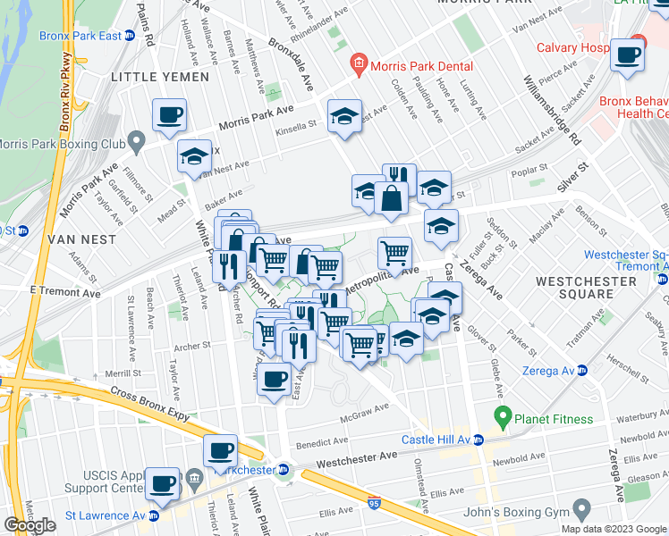 map of restaurants, bars, coffee shops, grocery stores, and more near 1563 Metropolitan Avenue in The Bronx