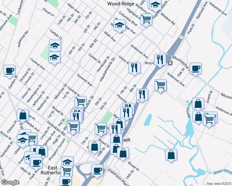 map of restaurants, bars, coffee shops, grocery stores, and more near 701 6th Street in Carlstadt