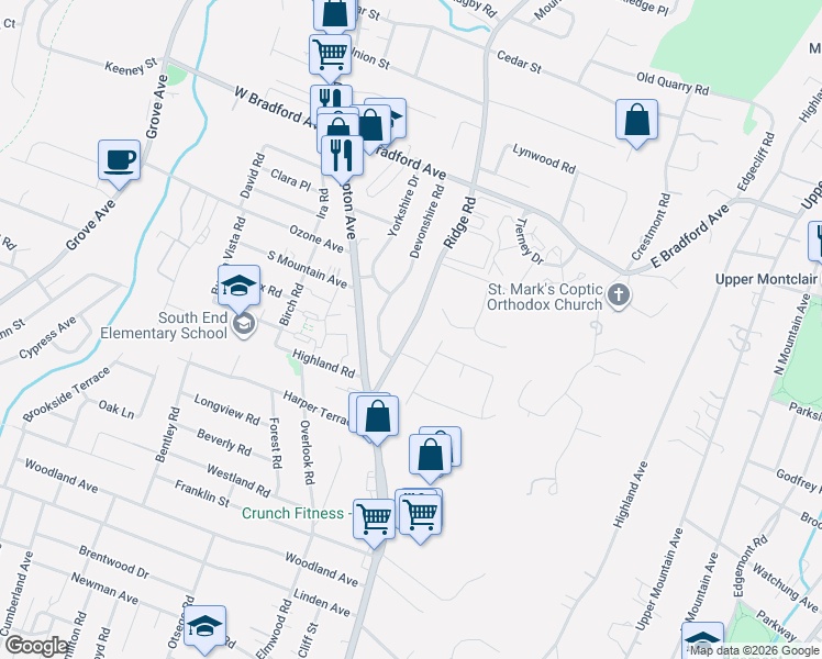 map of restaurants, bars, coffee shops, grocery stores, and more near 72 Ridge Road in Cedar Grove