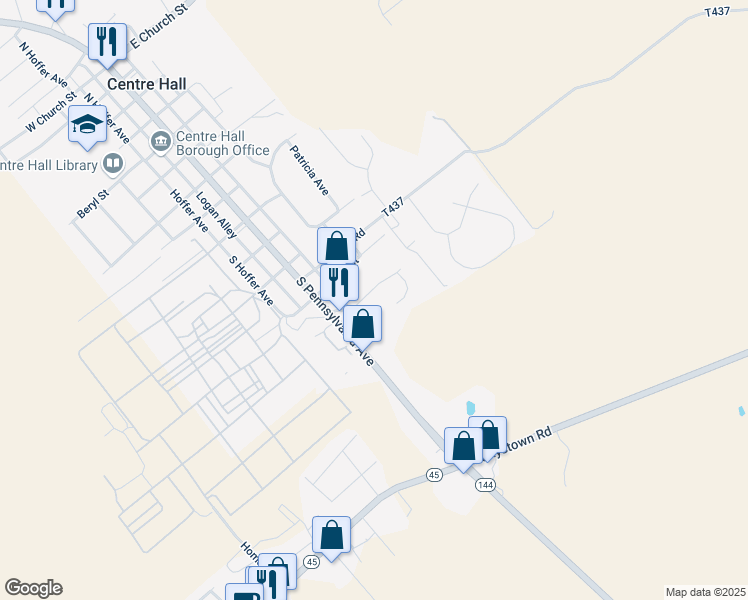 map of restaurants, bars, coffee shops, grocery stores, and more near 116 East Wilson Street in Centre Hall