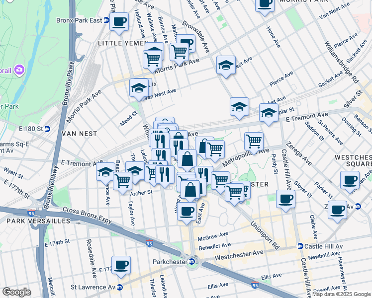 map of restaurants, bars, coffee shops, grocery stores, and more near 1940 East Tremont Avenue in Bronx