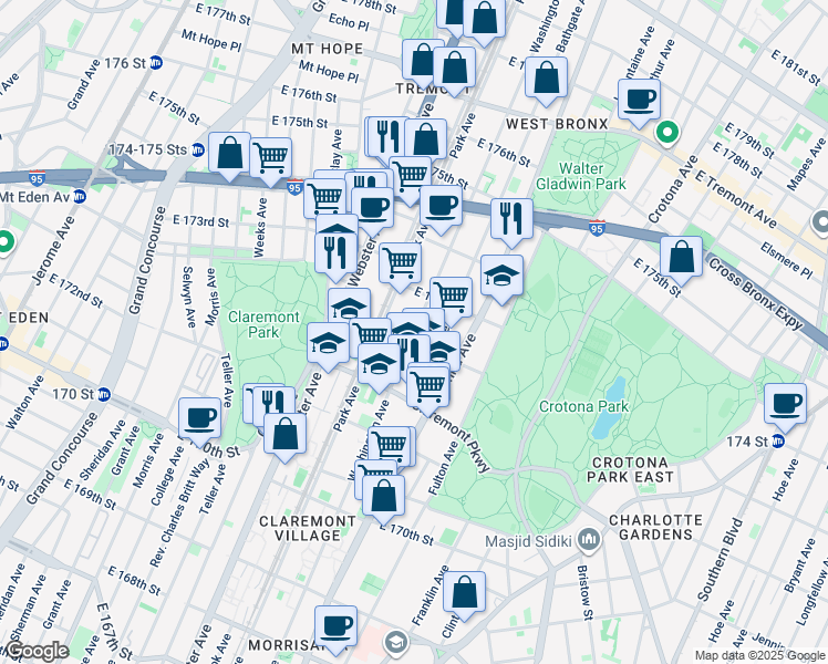 map of restaurants, bars, coffee shops, grocery stores, and more near 1633 Washington Avenue in Bronx