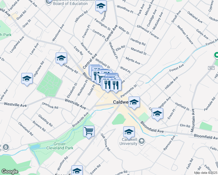 map of restaurants, bars, coffee shops, grocery stores, and more near 355 Bloomfield Avenue in Caldwell