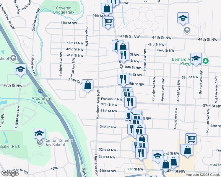 map of restaurants, bars, coffee shops, grocery stores, and more near 2018 38th St NW in Canton