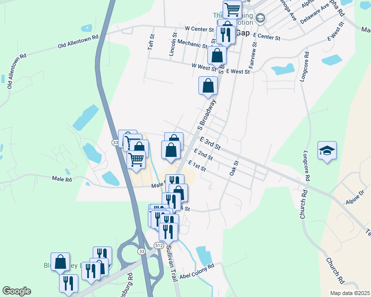 map of restaurants, bars, coffee shops, grocery stores, and more near 704 S Broadway in Wind Gap