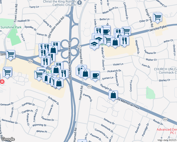 map of restaurants, bars, coffee shops, grocery stores, and more near 22 Smiths Lane in Commack