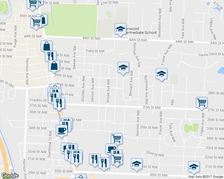 map of restaurants, bars, coffee shops, grocery stores, and more near 1114 38th Street Northwest in Canton