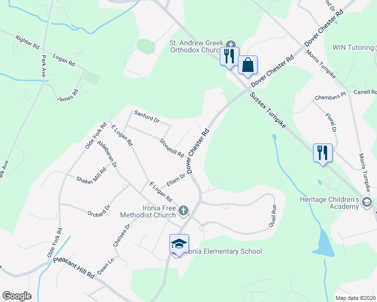 map of restaurants, bars, coffee shops, grocery stores, and more near 258 Dover Chester Road in Randolph