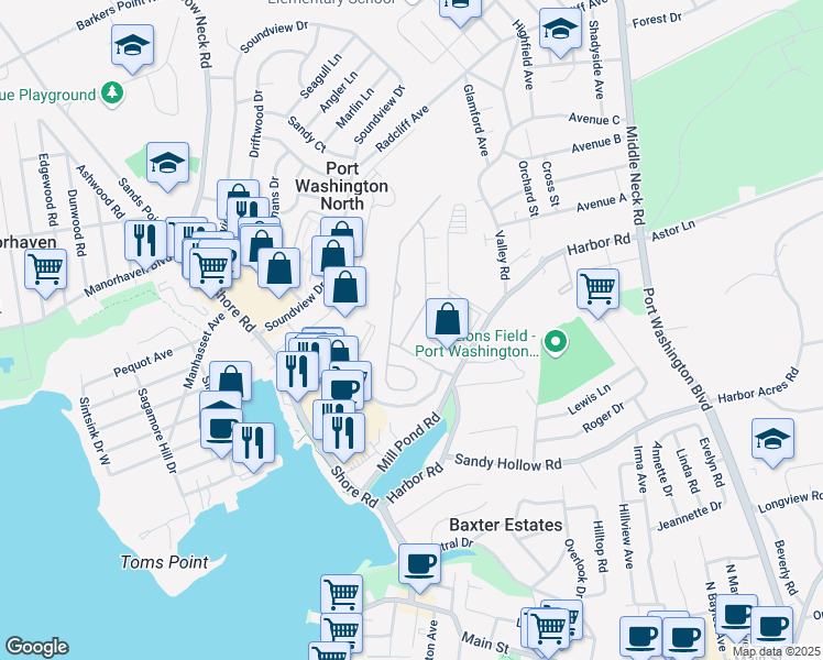map of restaurants, bars, coffee shops, grocery stores, and more near 249 Pond View Drive in Port Washington