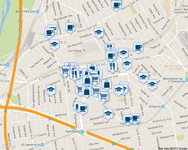 map of restaurants, bars, coffee shops, grocery stores, and more near 1563 Metropolitan Avenue in The Bronx