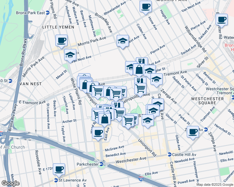 map of restaurants, bars, coffee shops, grocery stores, and more near 1950 East Tremont Avenue in The Bronx