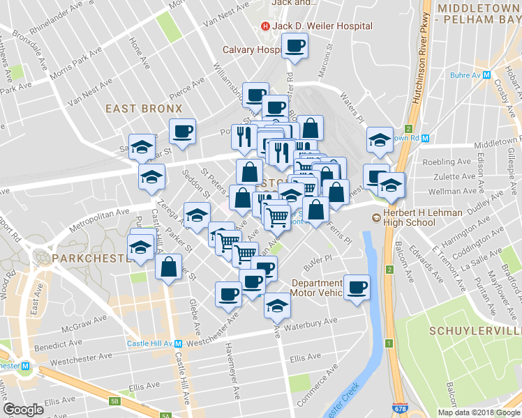 map of restaurants, bars, coffee shops, grocery stores, and more near 2516 Glebe Avenue in Bronx