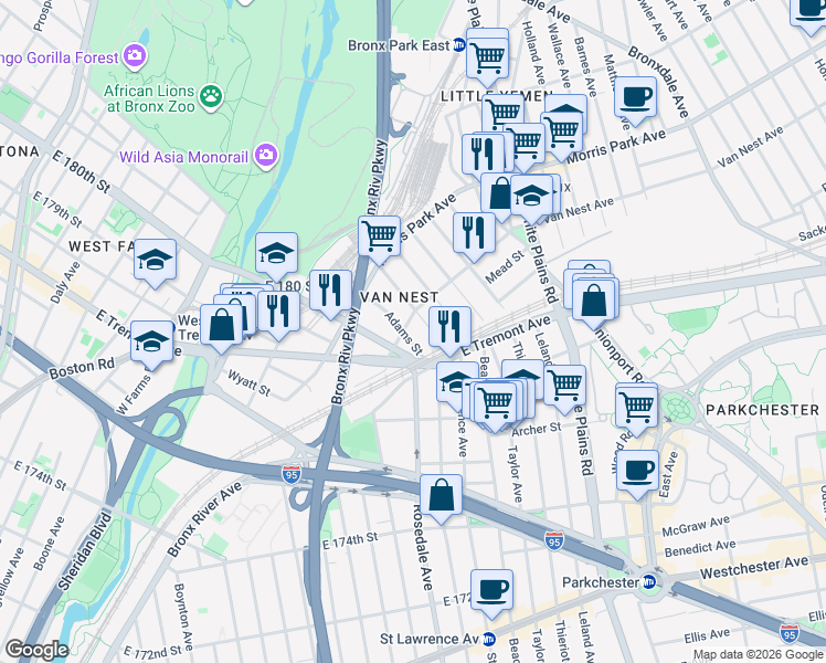map of restaurants, bars, coffee shops, grocery stores, and more near 500 Van Nest Avenue in Bronx