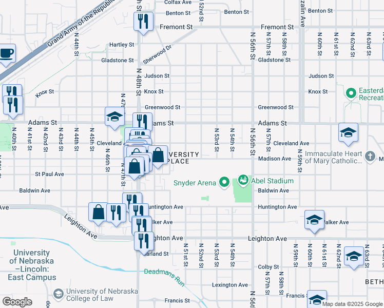 map of restaurants, bars, coffee shops, grocery stores, and more near 5110 Madison Avenue in Lincoln