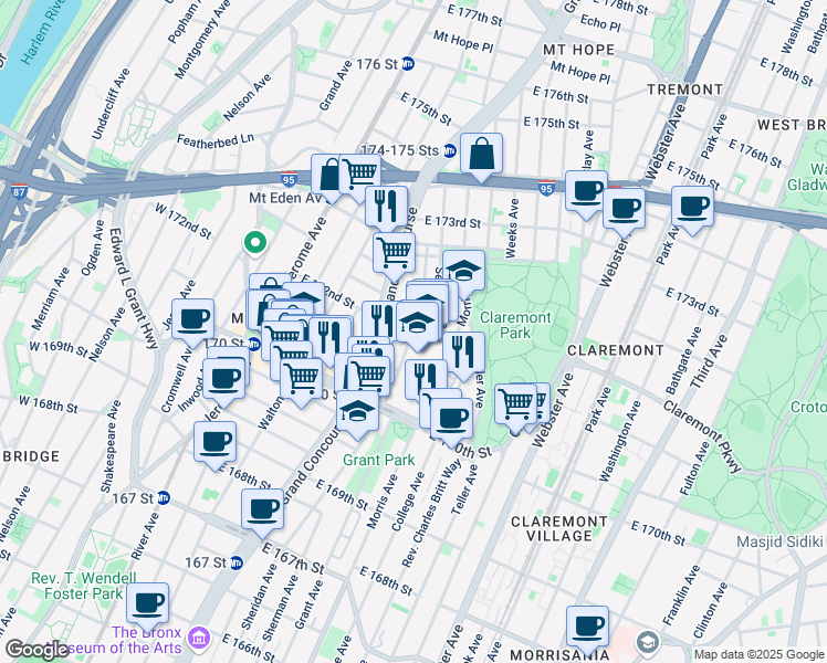map of restaurants, bars, coffee shops, grocery stores, and more near Sheridan Ave & E 172nd St in Bronx
