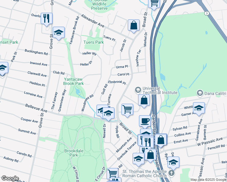 map of restaurants, bars, coffee shops, grocery stores, and more near 84 Bellevue Terrace in Bloomfield