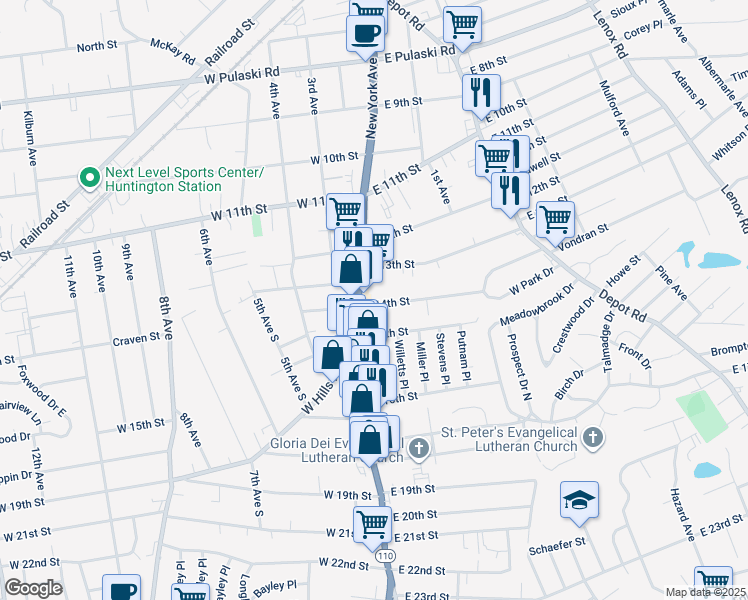 map of restaurants, bars, coffee shops, grocery stores, and more near 8 East 14th Street in Huntington Station