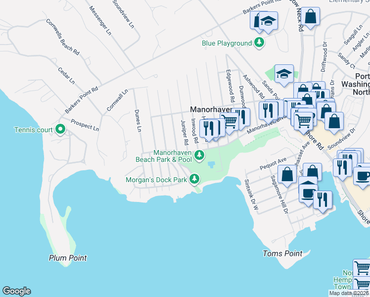 map of restaurants, bars, coffee shops, grocery stores, and more near 185 Manorhaven Boulevard in Port Washington