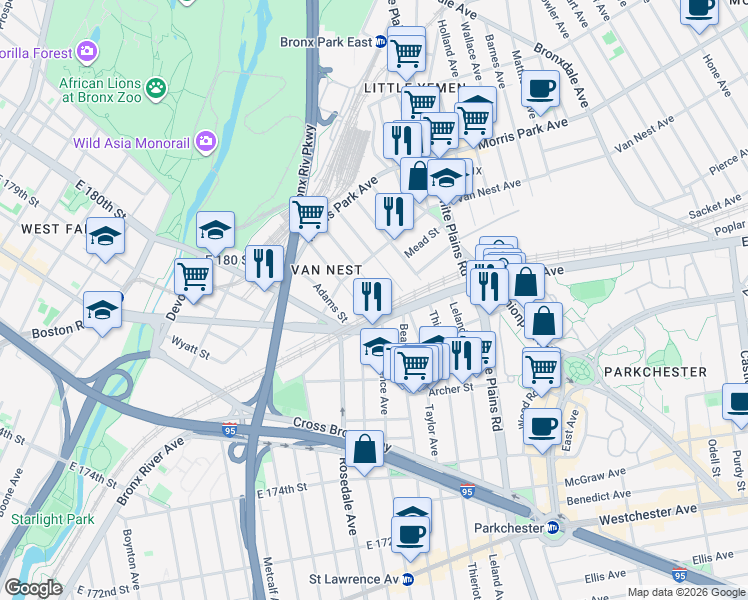 map of restaurants, bars, coffee shops, grocery stores, and more near 1608 Van Buren Street in Bronx
