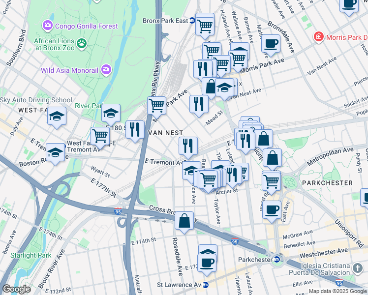map of restaurants, bars, coffee shops, grocery stores, and more near 1608 Van Buren Street in Bronx