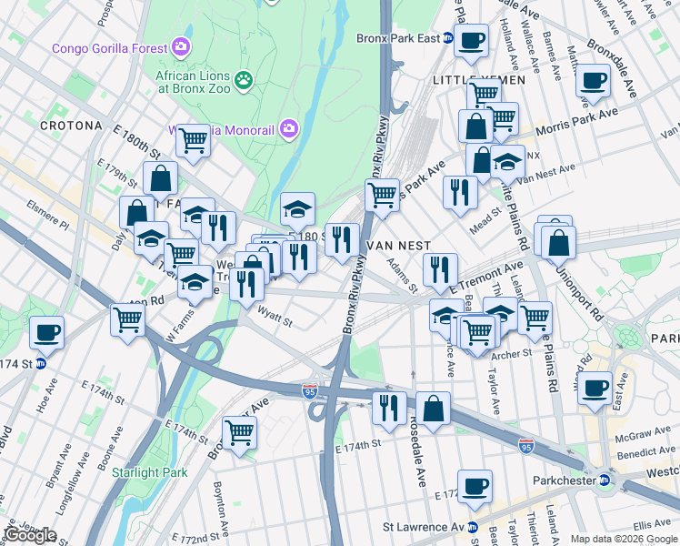 map of restaurants, bars, coffee shops, grocery stores, and more near 445 Morris Park Avenue in The Bronx