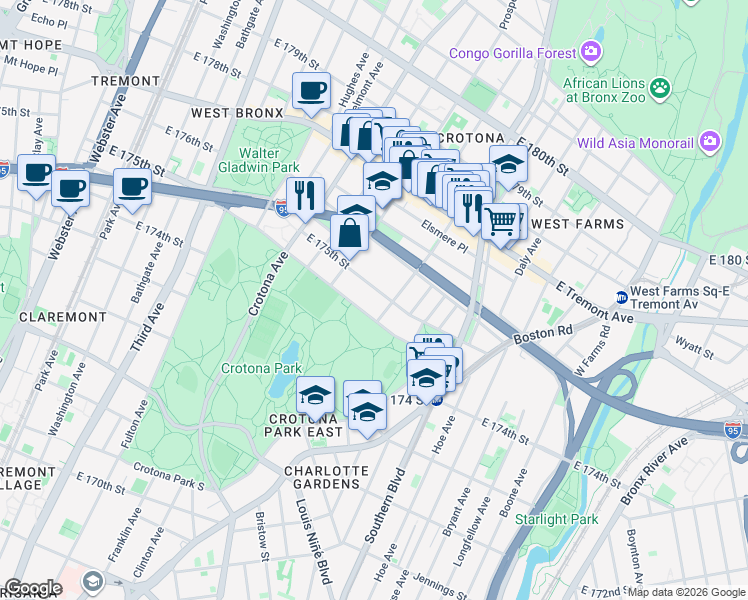 map of restaurants, bars, coffee shops, grocery stores, and more near in The Bronx
