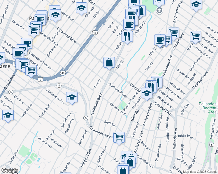 map of restaurants, bars, coffee shops, grocery stores, and more near 223 14th Street in Palisades Park