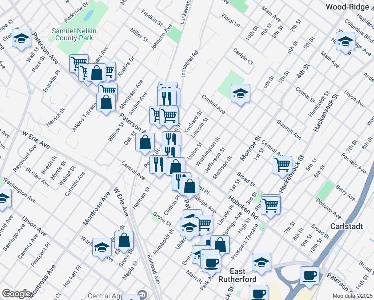 map of restaurants, bars, coffee shops, grocery stores, and more near 305 Lincoln Street in Carlstadt