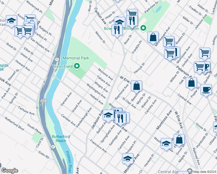 map of restaurants, bars, coffee shops, grocery stores, and more near 40 Jackson Avenue in Rutherford