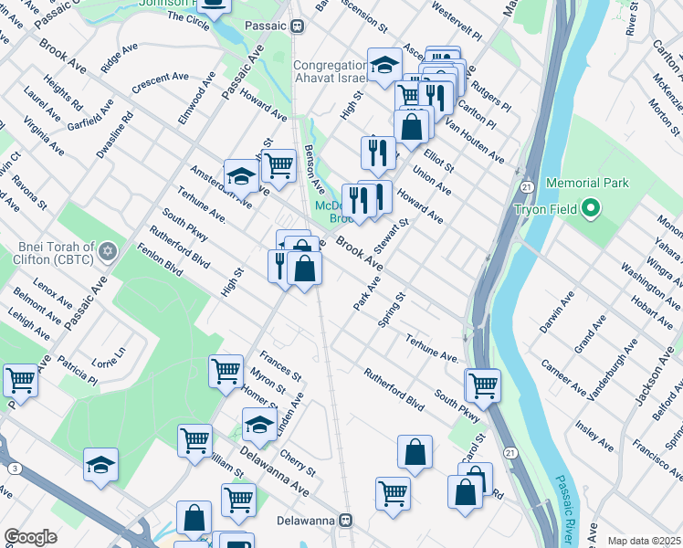 map of restaurants, bars, coffee shops, grocery stores, and more near 183 Marietta Avenue in Passaic