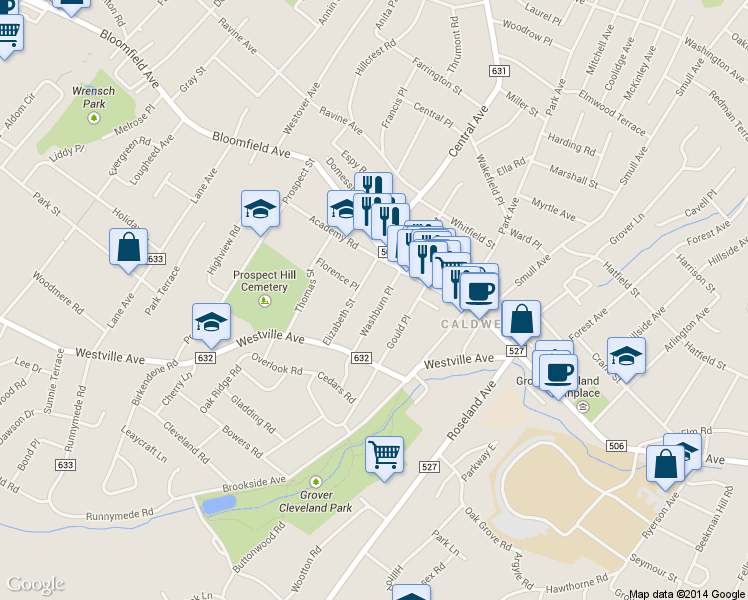 map of restaurants, bars, coffee shops, grocery stores, and more near 22 Elizabeth Street in Caldwell