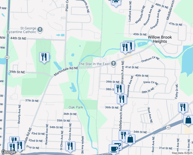 map of restaurants, bars, coffee shops, grocery stores, and more near 3918 Kaiser Avenue Northeast in Canton