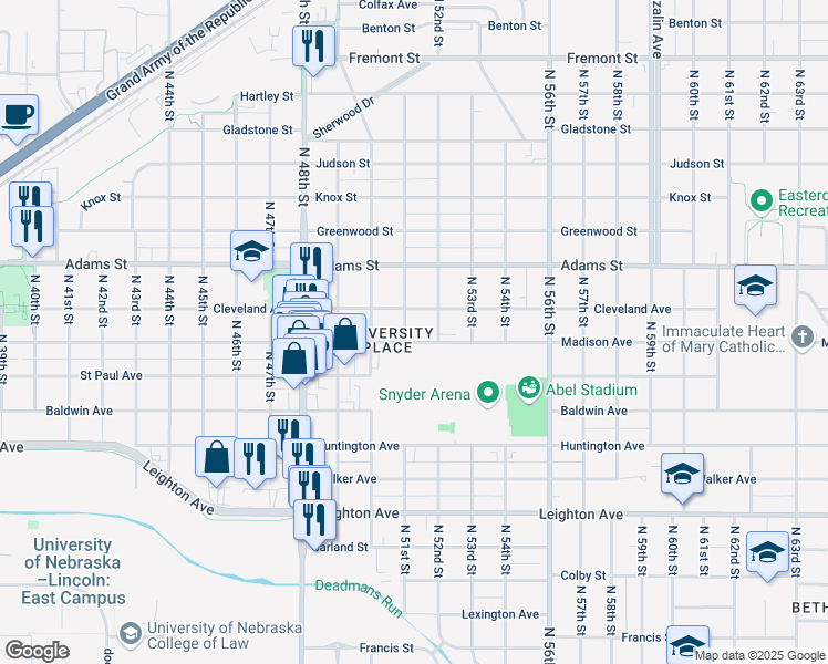 map of restaurants, bars, coffee shops, grocery stores, and more near 5110 Madison Avenue in Lincoln