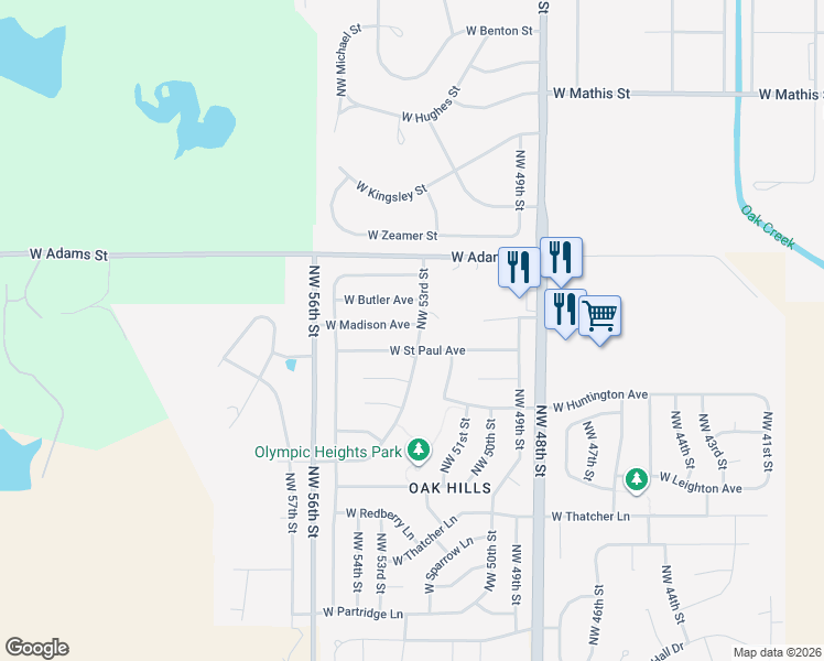 map of restaurants, bars, coffee shops, grocery stores, and more near 2710 Northwest 53rd Street in Lincoln
