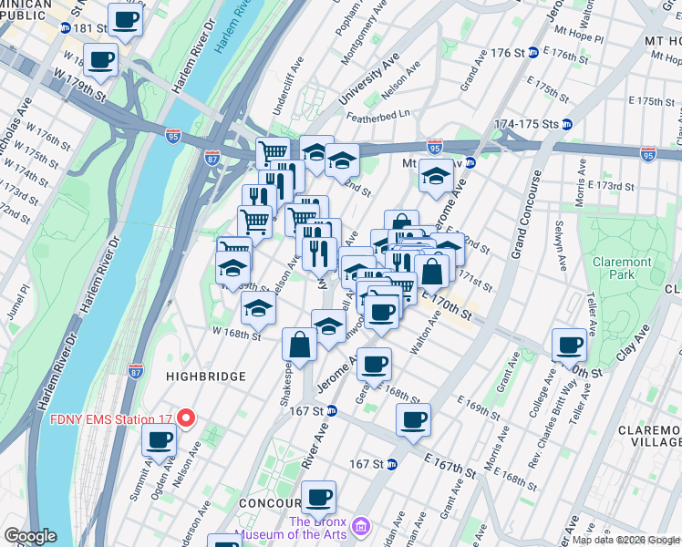 map of restaurants, bars, coffee shops, grocery stores, and more near 1348 Edward L Grant Highway in The Bronx