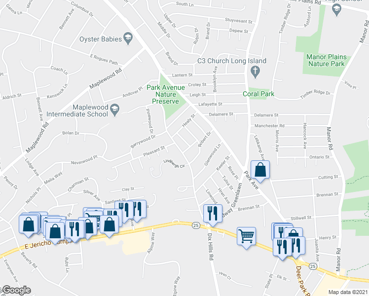 map of restaurants, bars, coffee shops, grocery stores, and more near 9 Donald Lane in Huntington