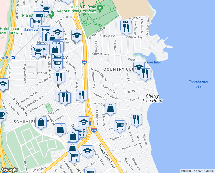 map of restaurants, bars, coffee shops, grocery stores, and more near 3157 Valhalla Drive in Bronx