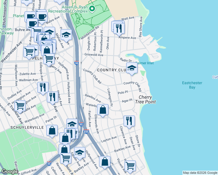 map of restaurants, bars, coffee shops, grocery stores, and more near 3250 Country Club Road in Bronx