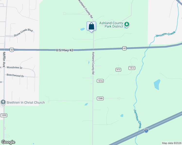 map of restaurants, bars, coffee shops, grocery stores, and more near 1522 Ashland County Road in Ashland
