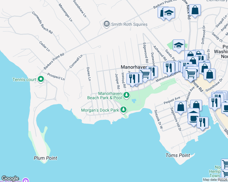 map of restaurants, bars, coffee shops, grocery stores, and more near 185 Manorhaven Boulevard in Port Washington
