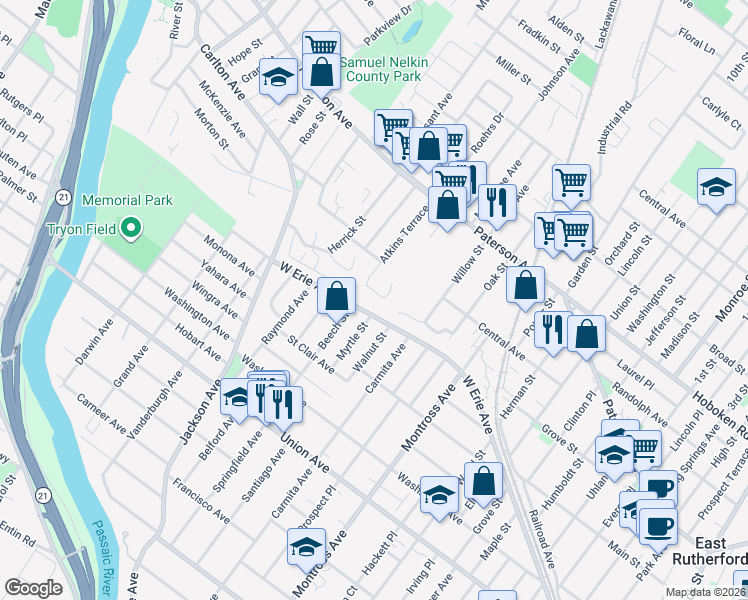 map of restaurants, bars, coffee shops, grocery stores, and more near 135 Atkins Terrace in East Rutherford