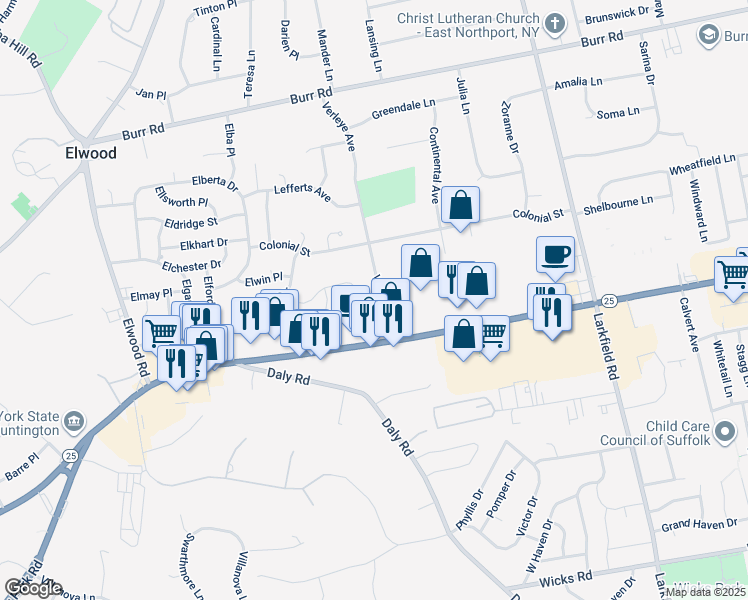 map of restaurants, bars, coffee shops, grocery stores, and more near 15 Verleye Avenue in East Northport