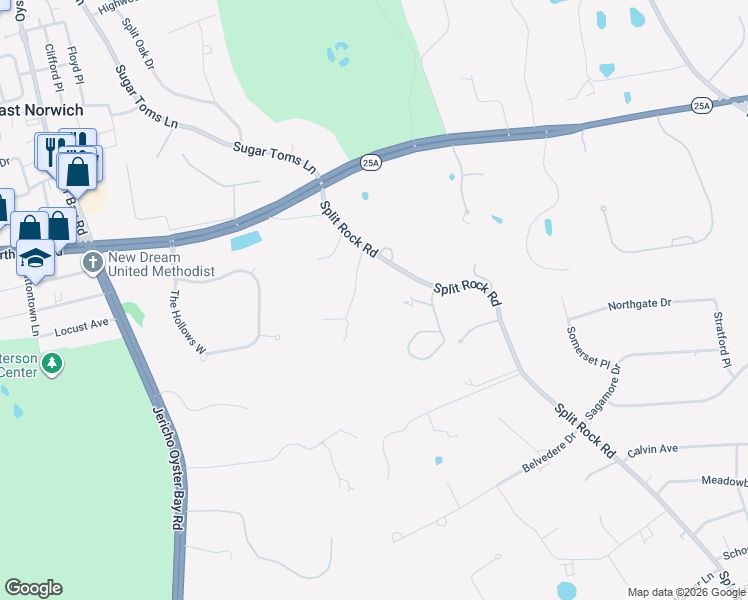 map of restaurants, bars, coffee shops, grocery stores, and more near 527 Split Rock Road Spur in Syosset